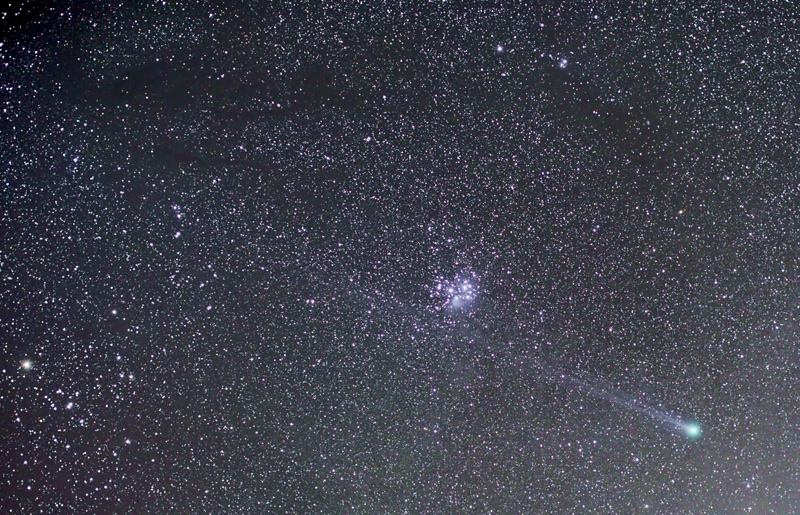 Dark nebula, Pleaides, and Comet Lovejoy